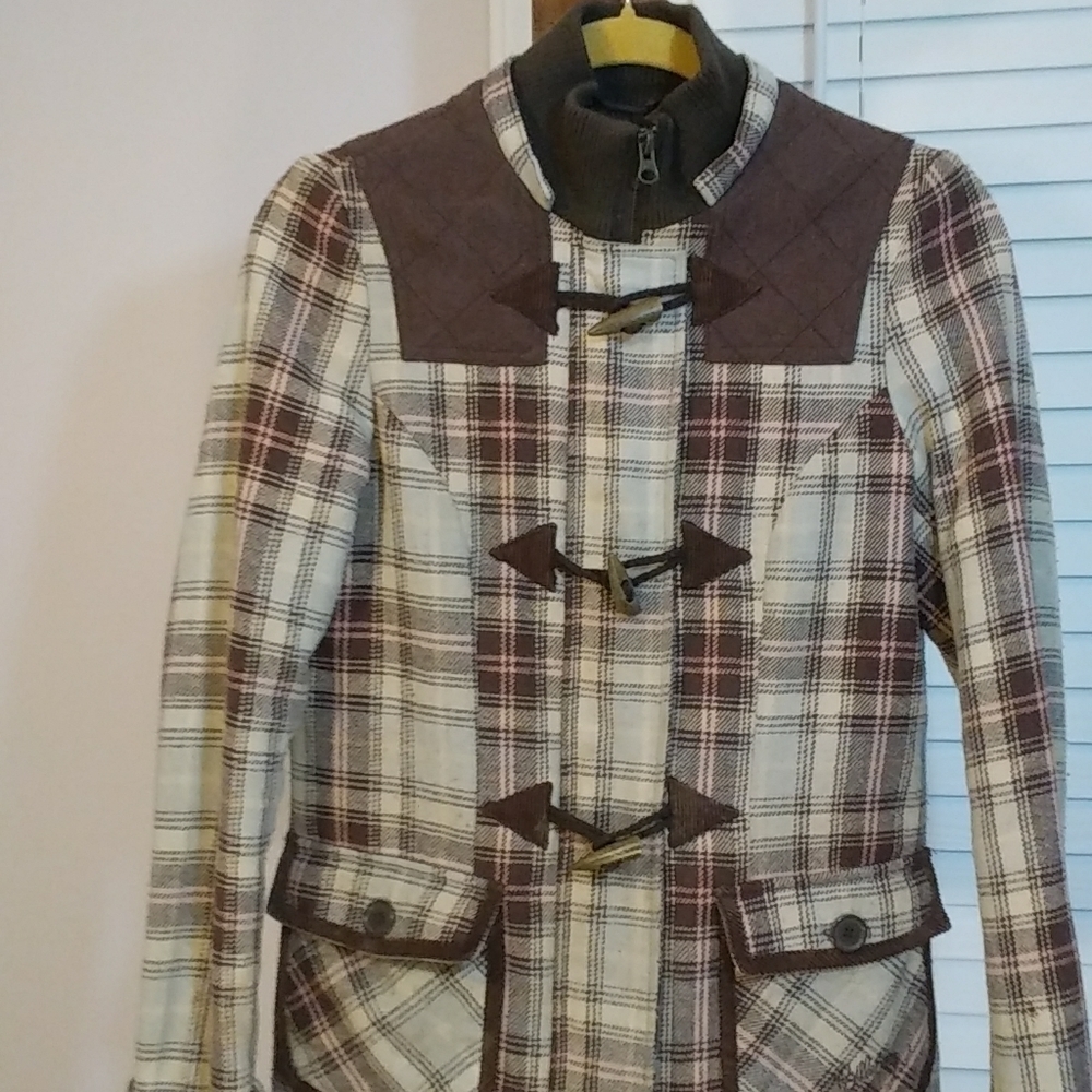 Billabong Wool Blend Brown Pink Plaid Pea Coat Jacket Size S Quilt Lined Pockets - Picture 7 of 9